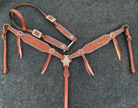 Showman Single ear headstall and breastcollar set with teal buck stitch trim #2
